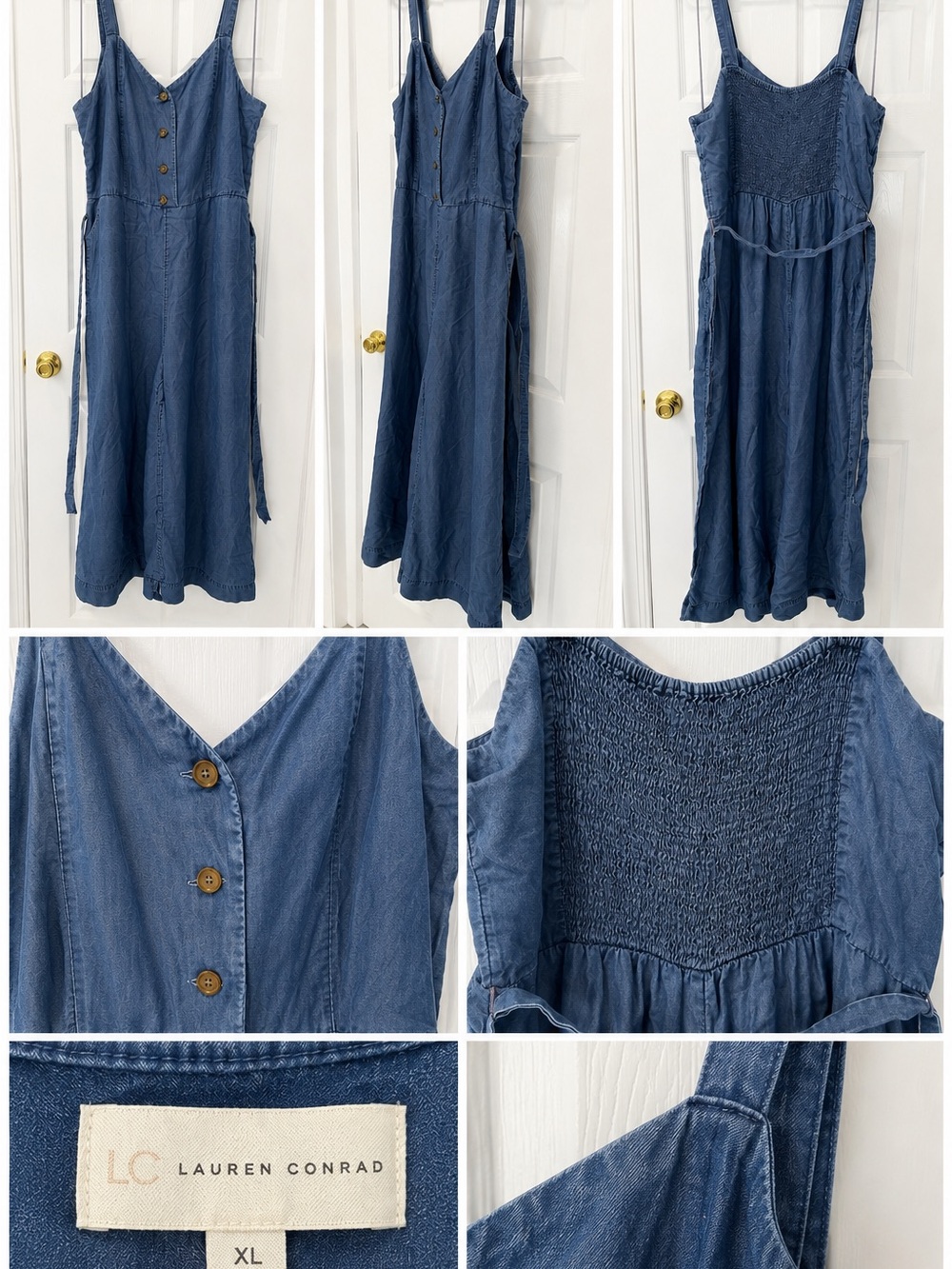 LC Lauren Conrad Indigo Blue Denim-Effect Smocked Back Maxi Dress